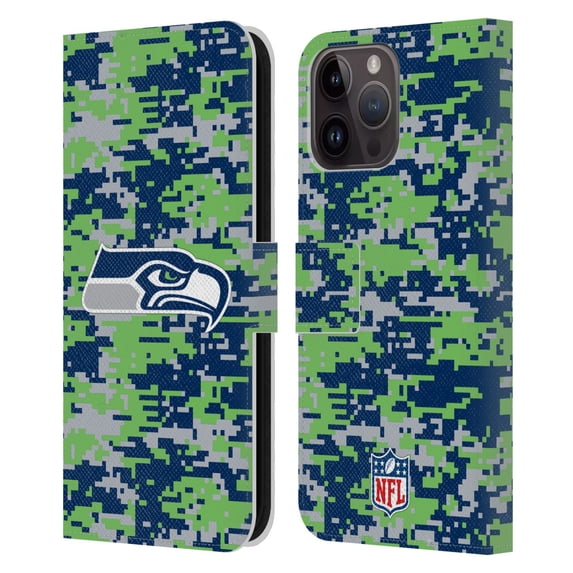 Head Case Designs NFL Seattle Seahawks Graphics Digital Camouflage Leather Book Wallet Case Cover For Apple iPhone 15 Pro Max