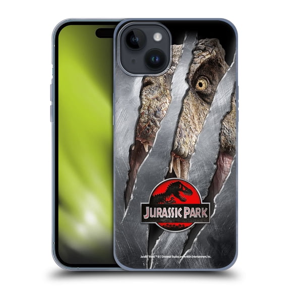 Head Case Designs Officially Licensed Jurassic Park Logo T-Rex Claw Mark Soft Gel Case Compatible with Apple iPhone 15 Plus