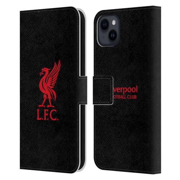 Head Case Designs Officially Licensed Liverpool Football Club Liver Bird Red Logo On Black Leather Book Wallet Case Cover Compatible with Apple iPhone 15 Plus