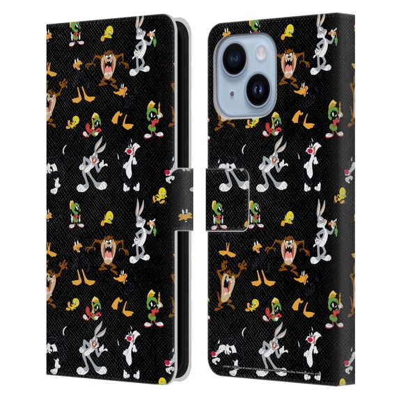 Head Case Designs Officially Licensed Looney Tunes Patterns Black Leather Book Wallet Case Cover Compatible with Apple iPhone 14 Plus