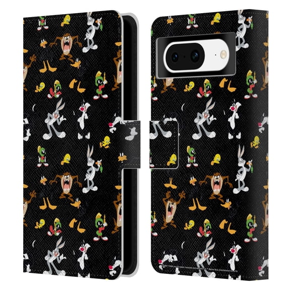 Head Case Designs Officially Licensed Looney Tunes Patterns Black Leather Book Wallet Case Cover Compatible with Google Pixel 8
