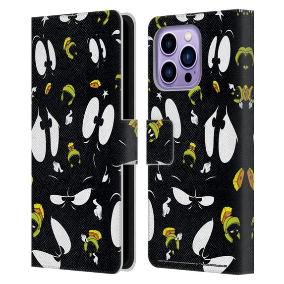 Head Case Designs Officially Licensed Looney Tunes Patterns Marvin The Martian Leather Book Wallet Case Cover Compatible with Apple iPhone 14 Pro Max