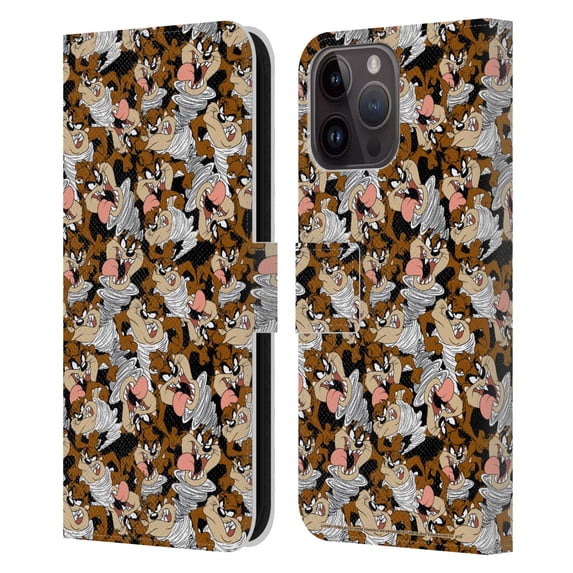Head Case Designs Officially Licensed Looney Tunes Patterns Tasmanian Devil Leather Book Wallet Case Cover Compatible with Apple iPhone 15 Pro Max