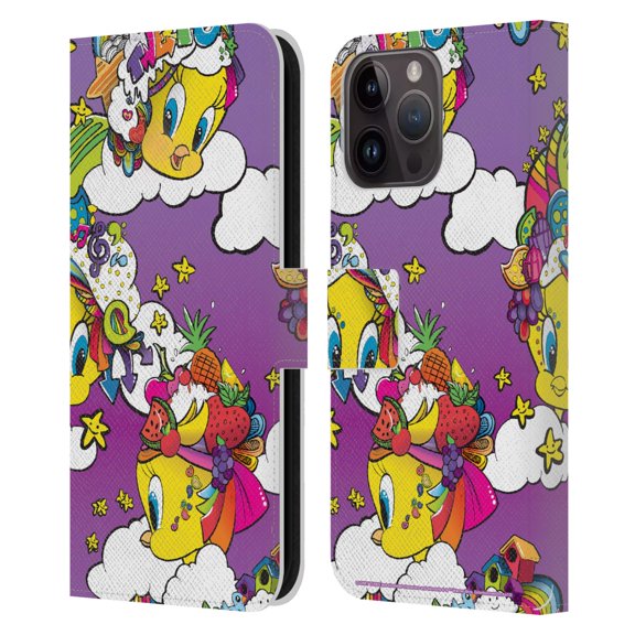 Head Case Designs Officially Licensed Looney Tunes Patterns Tweety Purple Leather Book Wallet Case Cover Compatible with Apple iPhone 15 Pro Max