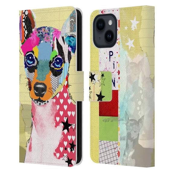 Head Case Designs Officially Licensed Michel Keck Dogs 3 Mini Pinscher Leather Book Wallet Case Cover Compatible with Apple iPhone 15