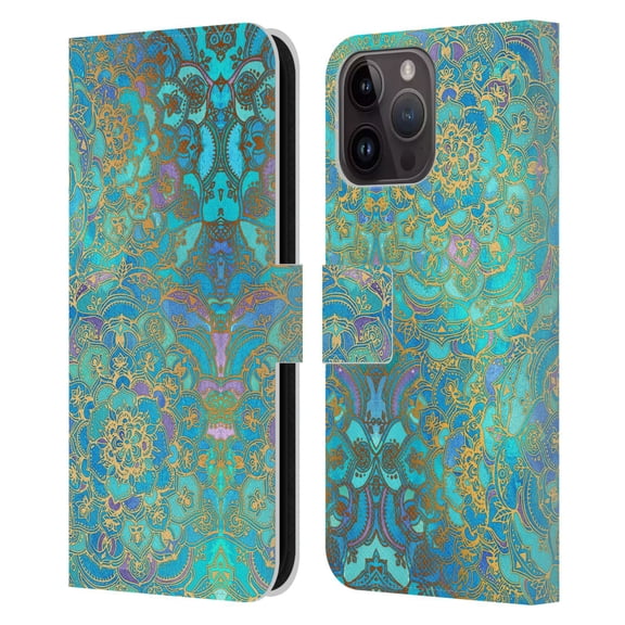 Head Case Designs Officially Licensed Micklyn Le Feuvre Mandala Sapphire and Jade Leather Book Wallet Case Cover Compatible with Apple iPhone 15 Pro Max
