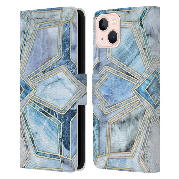Head Case Designs Officially Licensed Micklyn Le Feuvre Marble Patterns Geometric Gilded Stone Tiles In Soft Blues Leather Book Case Compatible with Apple iPhone 13