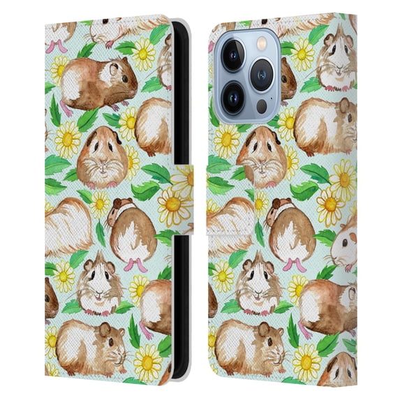 Head Case Designs Officially Licensed Micklyn Le Feuvre Patterns 2 Guinea Pigs And Daisies In Watercolour On Mint Leather Book Case Compatible with Apple iPhone 13 Pro