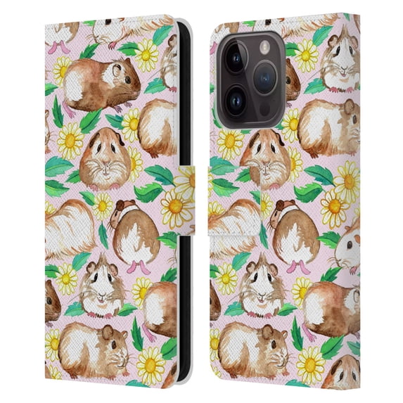 Head Case Designs Officially Licensed Micklyn Le Feuvre Patterns 2 Guinea Pigs And Daisies In Watercolour On Pink Leather Book Case Compatible with Apple iPhone 15 Pro