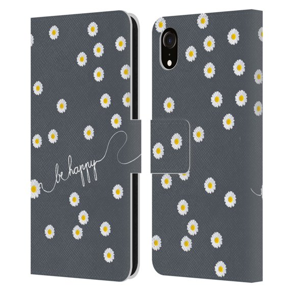 Head Case Designs Officially Licensed Monika Strigel Happy Daisy Grey Leather Book Wallet Case Cover Compatible with Apple iPhone XR