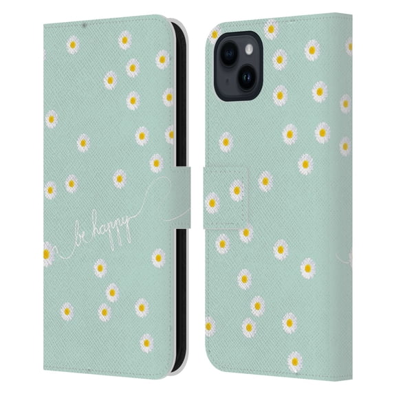 Head Case Designs Officially Licensed Monika Strigel Happy Daisy Mint Leather Book Wallet Case Cover Compatible with Apple iPhone 15 Plus