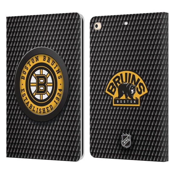 Head Case Designs Officially Licensed NHL Boston Bruins Puck Texture Leather Book Wallet Case Cover Compatible with Apple iPad 9.7 2017 / iPad 9.7 2018