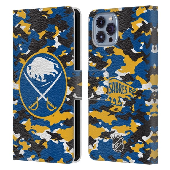 Head Case Designs Officially Licensed NHL Buffalo Sabres Camouflage Leather Book Wallet Case Cover Compatible with Apple iPhone 14
