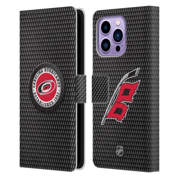 Head Case Designs Officially Licensed NHL Carolina Hurricanes Puck Texture Leather Book Wallet Case Cover Compatible with Apple iPhone 14 Pro Max
