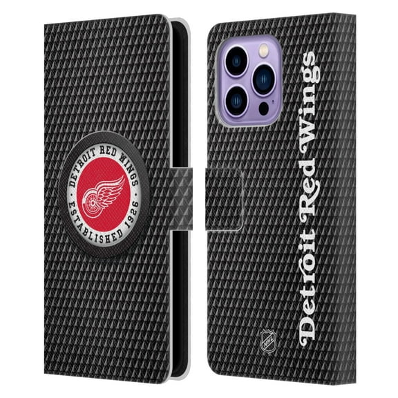 Head Case Designs Officially Licensed NHL Detroit Red Wings Puck Texture Leather Book Wallet Case Cover Compatible with Apple iPhone 14 Pro Max