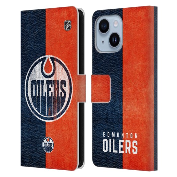 Head Case Designs Officially Licensed NHL Edmonton Oilers Half Distressed Leather Book Wallet Case Cover Compatible with Apple iPhone 14 Plus