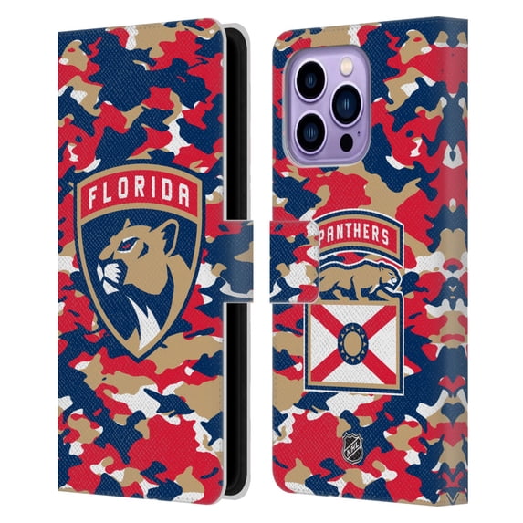Head Case Designs Officially Licensed NHL Florida Panthers Camouflage Leather Book Wallet Case Cover Compatible with Apple iPhone 14 Pro Max