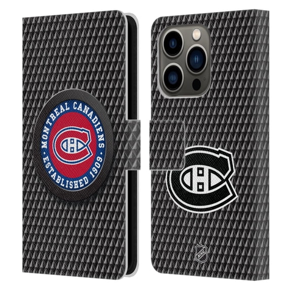 Head Case Designs Officially Licensed NHL Montreal Canadiens Puck Texture Leather Book Wallet Case Cover Compatible with Apple iPhone 14 Pro