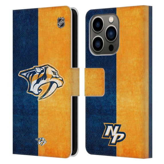 Head Case Designs Officially Licensed NHL Nashville Predators Half Distressed Leather Book Wallet Case Cover Compatible with Apple iPhone 14 Pro