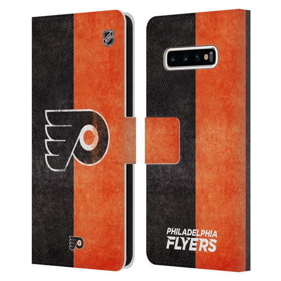 Head Case Designs Officially Licensed NHL Philadelphia Flyers Half Distressed Leather Book Wallet Case Cover Compatible with Samsung Galaxy S10+ / S10 Plus
