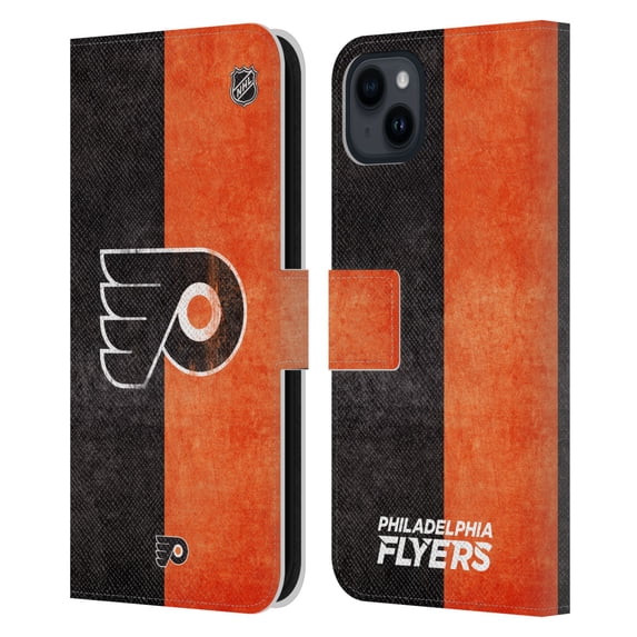 Head Case Designs Officially Licensed NHL Philadelphia Flyers Half Distressed Leather Book Wallet Case Cover Compatible with Apple iPhone 15 Plus