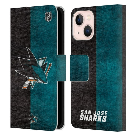 Head Case Designs Officially Licensed NHL San Jose Sharks Half Distressed Leather Book Wallet Case Cover Compatible with Apple iPhone 13 Mini