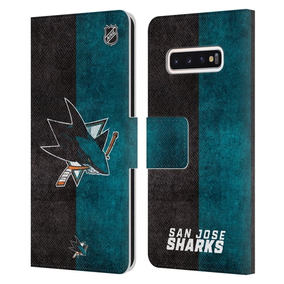 Head Case Designs Officially Licensed NHL San Jose Sharks Half Distressed Leather Book Wallet Case Cover Compatible with Samsung Galaxy S10