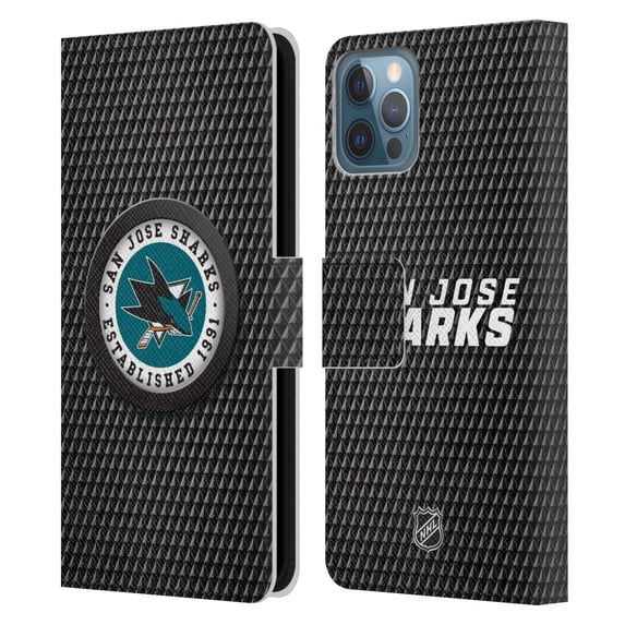 Head Case Designs Officially Licensed NHL San Jose Sharks Puck Texture Leather Book Wallet Case Cover Compatible with Apple iPhone 12 / iPhone 12 Pro