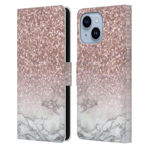 Head Case Designs Officially Licensed Nature Magick Rose Gold Marble Glitter Sparkling Rose Gold Leather Book Wallet Case Cover Compatible with Apple iPhone 14 Plus