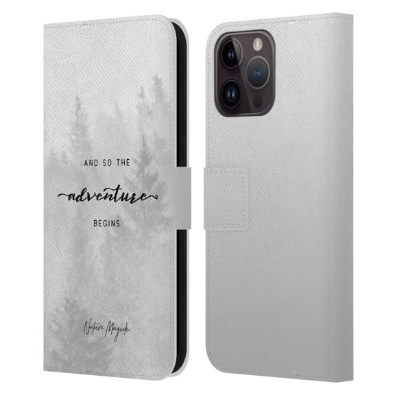 Head Case Designs Officially Licensed Nature Magick So The Adventure Begins Quote Black And White Forest Leather Book Wallet Case Compatible with Apple iPhone 15 Pro Max
