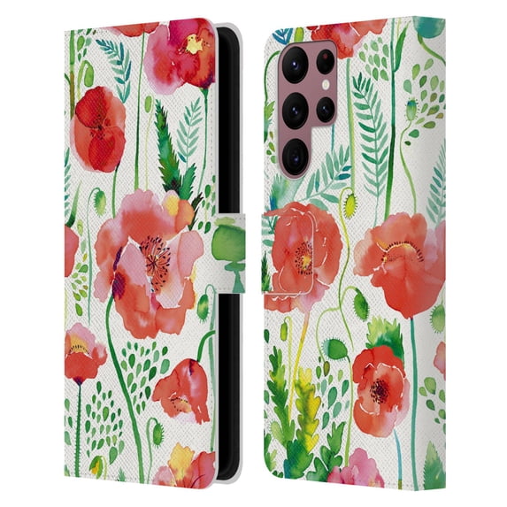 Head Case Designs Officially Licensed Ninola Floral Red Leather Book Wallet Case Cover Compatible with Samsung Galaxy S22 Ultra 5G