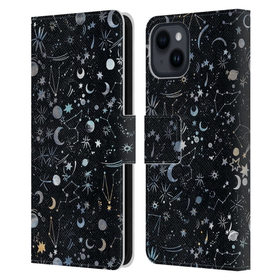 Head Case Designs Officially Licensed Ninola Patterns 4 Astrology Space Black Leather Book Wallet Case Cover Compatible with Apple iPhone 15