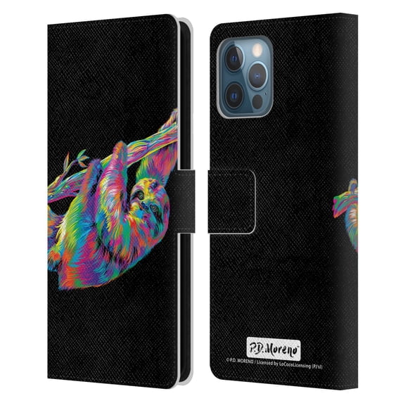 Head Case Designs Officially Licensed P.D. Moreno Animals Sloth Leather Book Wallet Case Cover Compatible with Apple iPhone 12 Pro Max