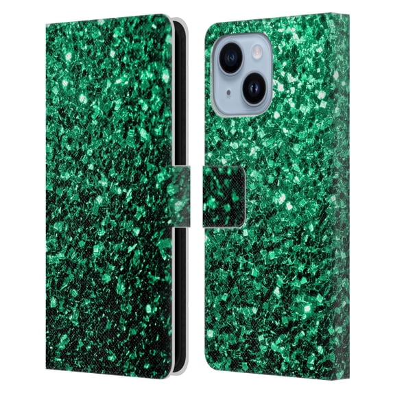 Head Case Designs Officially Licensed PLdesign Glitter Sparkles Emerald Green Leather Book Wallet Case Cover Compatible with Apple iPhone 14 Plus