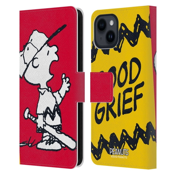 Head Case Designs Officially Licensed Peanuts Halfs And Laughs Charlie Good Grief Leather Book Wallet Case Cover Compatible with Apple iPhone 15