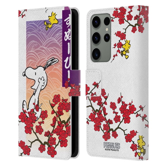 Head Case Designs Peanuts Oriental Snoopy Cherry Blossoms 2 Leather Book Wallet Case Cover For Samsung Galaxy S23 Ultra 5G