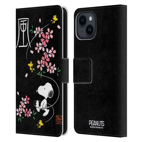 Head Case Designs Officially Licensed Peanuts Oriental Snoopy Cherry Blossoms Leather Book Wallet Case Cover Compatible with Apple iPhone 15