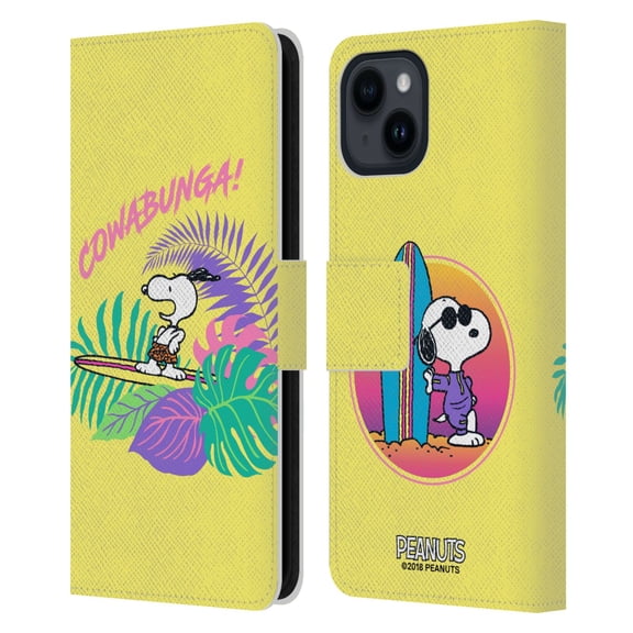 Head Case Designs Officially Licensed Peanuts Snoopy Aloha Disco Cowabunga! Leather Book Wallet Case Cover Compatible with Apple iPhone 15