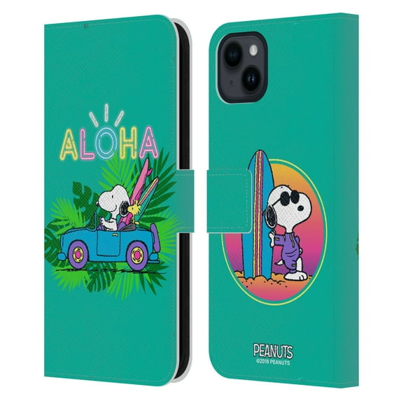 Head Case Designs Officially Licensed Peanuts Snoopy Aloha Disco Tropical Surf Leather Book Wallet Case Cover Compatible with Apple iPhone 15 Plus