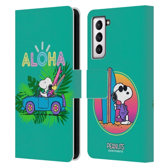 Head Case Designs Officially Licensed Peanuts Snoopy Aloha Disco Tropical Surf Leather Book Wallet Case Cover Compatible with Samsung Galaxy S21 5G