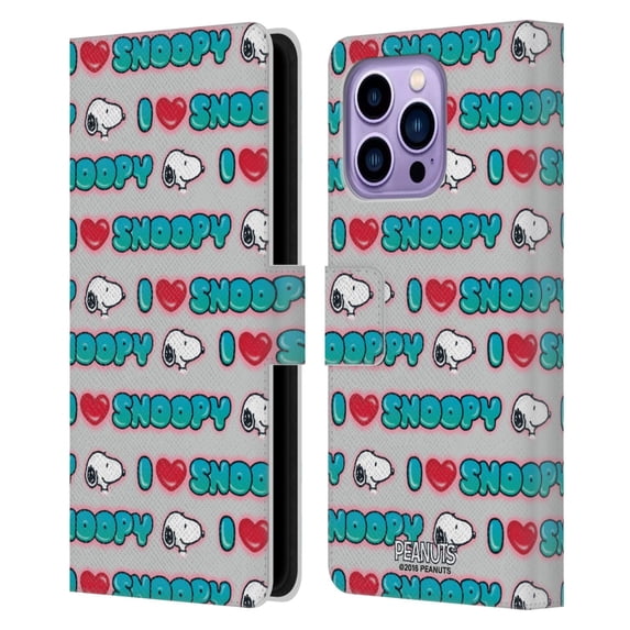 Head Case Designs Officially Licensed Peanuts Snoopy Boardwalk Airbrush I Love Pattern Leather Book Wallet Case Cover Compatible with Apple iPhone 14 Pro Max