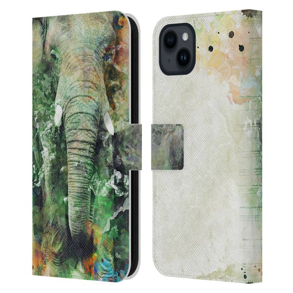 Head Case Designs Officially Licensed Riza Peker Animals Elephant Leather Book Wallet Case Cover Compatible with Apple iPhone 15 Plus