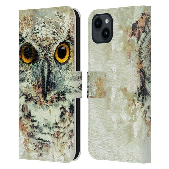 Head Case Designs Officially Licensed Riza Peker Animals Owl II Leather Book Wallet Case Cover Compatible with Apple iPhone 15 Plus