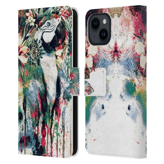 Head Case Designs Officially Licensed Riza Peker Animals Parrot Leather Book Wallet Case Cover Compatible with Apple iPhone 15