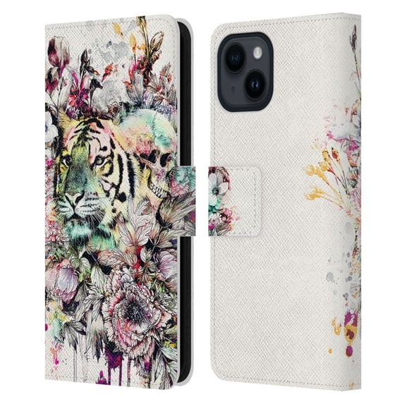 Head Case Designs Officially Licensed Riza Peker Animals Tiger Leather Book Wallet Case Cover Compatible with Apple iPhone 15