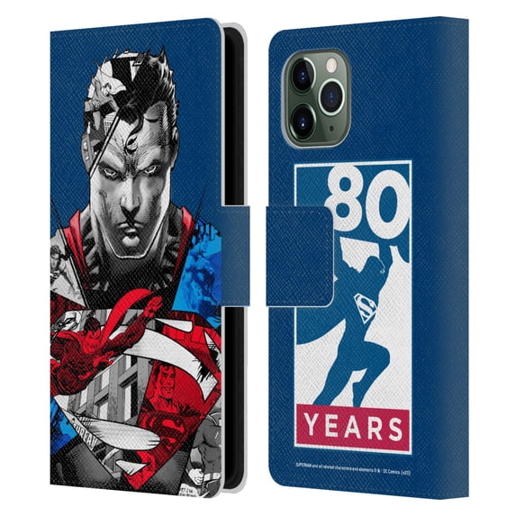 Head Case Designs Officially Licensed Superman DC Comics 80th Anniversary Collage Leather Book Wallet Case Cover Compatible with Apple iPhone 11 Pro