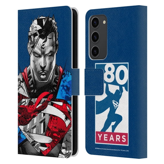 Head Case Designs Officially Licensed Superman DC Comics 80th Anniversary Collage Leather Book Wallet Case Cover Compatible with Samsung Galaxy S23+ 5G
