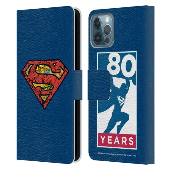 Head Case Designs Officially Licensed Superman DC Comics 80th Anniversary Logo Leather Book Wallet Case Cover Compatible with Apple iPhone 12 / iPhone 12 Pro