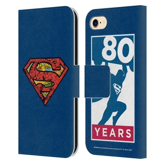 Head Case Designs Officially Licensed Superman DC Comics 80th Anniversary Logo Leather Book Wallet Case Cover Compatible with Apple iPhone 7 / 8 / SE 2020 & 2022