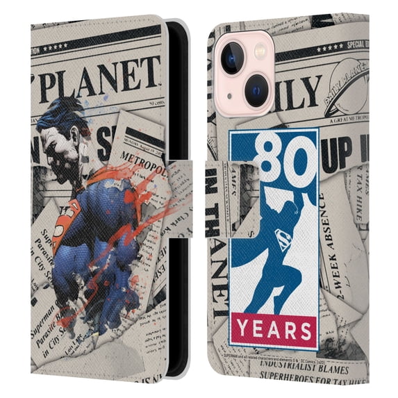 Head Case Designs Officially Licensed Superman DC Comics 80th Anniversary Newspaper Leather Book Wallet Case Cover Compatible with Apple iPhone 13 Mini